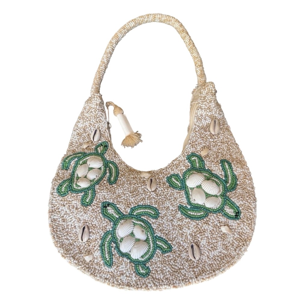 Ross Beaded Shoulder Bag Women Small Beige Excellence Turtle Shell Tassel